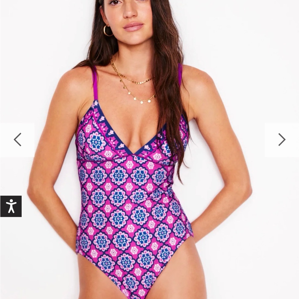 Boden Women’s Kasos String V Neck Swimsuit Cosmos Pink, Geo NWT